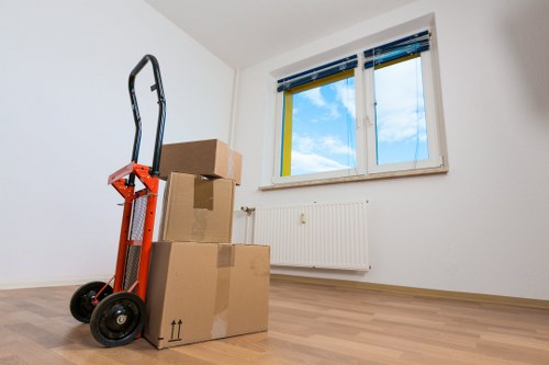 Packed office boxes and furniture ready for transport in Vauxhall
