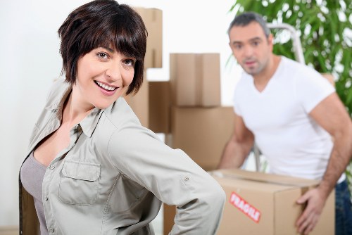 Packed office equipment ready for relocation near Vauxhall